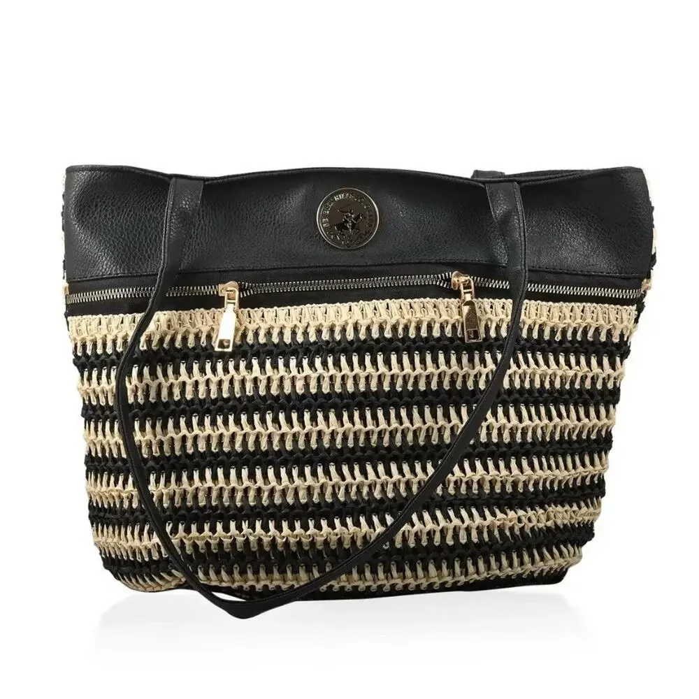 Beverly‎ Hills Polo Club Women Black Straw Stripe Tote Bag Gold Logo NWT